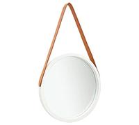 Mangloder Miroir mural rond 40 cm blanc avec ceinture en cuir synthétique, cadre en bois de paulownia, miroir suspendu au design vintage pour chambre à coucher, salon, couloir, salle de bain et