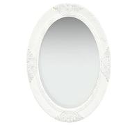 Mangloder Miroir mural style baroque 50 x 70 cm blanc avec cadre en bois, miroir ovale en verre avec bord biseauté, décoration pour dressing, chambre à coucher et couloir