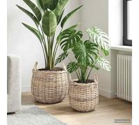 Mangloder Panier à Plantes avec Stockage 2 pièces Gris Naturel en rotin Kubu, Rangement décoratif pour intérieur extérieur, léger, Robuste, avec poignées Pliables, idéal pour Salon