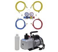 Mangloder Pompe à Vide 100L/min avec Distributeur 4 Voies Manomètre pour Accessoires de Climatisation Pièce de Rechange, 220V 50Hz, Boîtier en Aluminium, 4 Tuyaux de Remplissage, Mallette de Transport