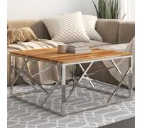 Mangloder Table Basse argenté en Acier Inoxydable avec Dessus Bois Massif d'acacia 80x80x40 cm, Meuble Salon Moderne avec Rangement, Console Bout canapé pour séjour intérieur extérieur