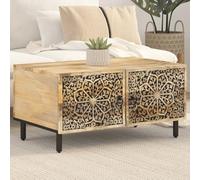 Mangloder Table Basse Bois de manguier Massif 80x50x40 cm avec Rangement et Motifs sculptés, Pieds en Fer pour Salon séjour intérieur, Meuble Console Bout canapé Design rétro