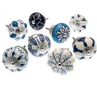 Mango Tree MG-702 Assortiment de 8 boutons de placard en céramique, bleu/blanc