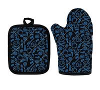 Maniques Cuisine Crâne Noir Bleu Manique Design Antidérapant Gant Four Polyester Gant Cuisine -avec Boucle Suspension Gant de Cuisine Moderne Gant Anti Chaleur 17x27cm