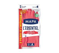 MAPA - L'Essentiel - Gants de Ménage en Latex intérieur Fibres de Coton - Sensibilité et Flexibilité - Revêtement antidérapant - 1 pack de 2 paires - Taille S