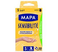 Mapa - Sensibilité - Gants Fins en Vinyle Non Poudrés - Recyclables avec TerraCycle - Hypoallergéniques - 1 boîte de 20 gants - Taille S, Ecru