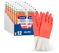 Mapa Spontex - L'Essentiel - 24 Gants de Ménage en Latex intérieur Fibres de Coton - Sensibilité et Flexibilité - Revêtement antidérapant - 12 pack de 2 paires - Taille M