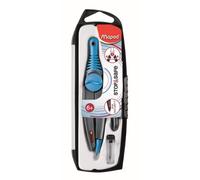 Maped - Coffret Compas Stop & Safe 3 Pièces - Molette de Serrage - Pointe Sèche Auto-rétractable - Compas Mine + Étui Mines + Taille Mines - À Partir de 6 Ans - Coloris Aléatoire (Bleu, Rouge, Violet)