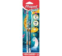 Maped – Crayon de papier JUNGLE fever HB avec gomme et guide-doigt – Blister 2