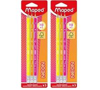 Maped - 3 Crayons Graphite HB2 Néon- Crayons à Papier FSC HB Embout Gomme - Forme Triangulaire Ergonomique - Mine Résistante (Lot de 2)