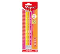 Maped - 3 Crayons Graphite HB2 Néon- Crayons à Papier FSC HB Embout Gomme - Forme Triangulaire Ergonomique - Mine Résistante