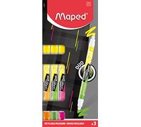 Maped - 3 Surligneurs Fluo Peps Duo - Stylos Fluo 2 en 1 avec Double Pointe - Confort d'Écriture sur Tous Types de Papier - Feutre Fluo Ergonomique Jaune + Vert + Rose + Orange