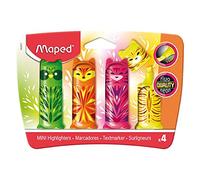Maped - 4 surligneurs Fluo’Peps MINI CUTE - Petits Surligneurs de Poche Originaux en forme d'Animaux - 4 coloris : vert, orange, rose et jaune
