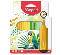 Maped - 4 Surligneurs Fluo'Peps - Pointe Biseautée - Surligneurs Longue Durée - Usage Scolaire et Professionnel - Pastel, Fluos et Encre à Paillettes - Thème Tropical Jaune/Vert