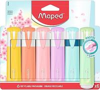 Maped - 6 Surligneurs Fluo'Peps Pastel + Glitter - Pointe Biseautée - Surligneurs Longue Durée - Usage Scolaire et Professionnel - 4 Surligneurs Pastel + 2 Surligneurs à Paillettes
