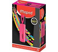 MAPED - Boite de 12 Surligneurs Fluo'Peps Classic, coloris Rose - des Couleurs Éclatantes pour Surligner Vos écrits - Pointe Biseautée permettant de Faire Des Traits de 1 à 5 mm