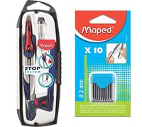 Maped Coffret Compas Maped Stop System 3 pièces - Système de Verrouillage Breveté - Tracé Parfait & Étui Rigide de 10 Mines de Rechange 2 mm pour Recharge Compas Scolaire