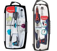 Maped - Compas de dessin technique - Boîte de système de précision avec 3 pièces - Compas avec grande moustache & Coffret Compas Maped Stop System 3 pièces - Système de Verrouillage Breveté