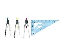 Maped - Compas de Précision pour Cercles jusqu'à 300 mm & Équerre Incassable - Équerre 60° grand côté 21 cm - Toucher Soft - Équerre Scolaire Astucieuse avec 0 dans l’Angle Droit - Vert ou Bleu