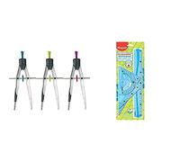 Maped - Compas de Précision pour Cercles jusqu'à 300 mm & Kit de Traçage INCASSABLE 4 pièces comprenant : 1 règle 30 cm, 1 équerre 60°/21cm, 1 équerre 45°/21 cm et 1 rapporteur 180°/12 cm Bleu