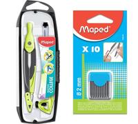 Maped - Compas Métal Open Mine - Coffret 3 pièces - avec Sécurité Protège Pointe Sèche et Mine & Étui Rigide de 10 Mines de Rechange 2 mm pour Recharge Compas Scolaire