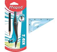 Maped - Compas Scolaire Kid'Z Bague - Compas Enfant pour Débutants - Bleu & Équerre Incassable - Équerre 60° grand côté 21 cm - Toucher Soft - Équerre Scolaire Astucieuse -Vert ou Bleu