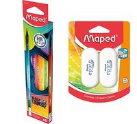 Maped - Crayons à papier triangulaires BLACK'PEPS ENERGY avec gomme - HB moyen - x6 crayons & Lot de 2 Gommes Epure - Gomme Blanche au Toucher Soft Assure Douceur - L 27 x P 11 x H 61 mm 103700