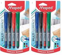 Maped Custom - Marqueur permanent fin Noir/Bleu/Rouge/Vert x4 - Pointe fine 2mm - Multi surface (Lot de 2)