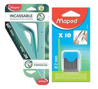 Maped - Équerre Incassable - Équerre 60° grand côté 21 cm - Toucher Soft - Équerre Scolaire Astucieuse & Étui Rigide de 10 Mines de Rechange 2 mm pour Recharge Compas Scolaire