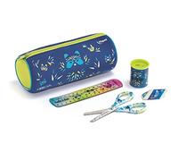 Maped - Kit de Fournitures Scolaires Mini Cute pour les Enfants - 1 Trousse Ronde + 1 paire de Ciseaux 13cm + 1 taille-crayons Canette + 1 Gomme Blanche + 1 Règle 15cm - Bleu