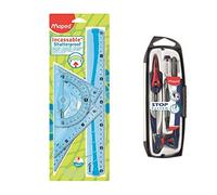 MAPED Kit de Traçage 4 Pièces avec Règle 30cm, Rapporteur 180°/12cm, Equerre 60°/21cm, Equerre 45°/21cm + Compas 5 Pièces Stop System - Coloris Bleu ou Vert