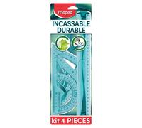 Maped Kit traçage incassable 4 pièces – règle 30 cm, équerres 60°/45° 21 cm, rapporteur 12 cm – Bleu