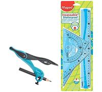 Maped Kit de Traçage INCASSABLE 4 pièces comprenant : 1 règle 30 cm, 1 équerre 60°/21cm, 1 équerre 45°/21 cm et 1 rapporteur 180°/12 cm Bleu & Compas Scolaire Kid'Z Bague - Coloris Bleu