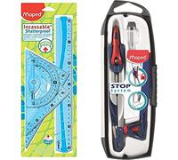 Maped Kit de Traçage INCASSABLE 4 pièces comprenant & Coffret Compas Maped Stop System 3 pièces - Système de Verrouillage Breveté - Compas Mine + Bague Universelle + Étui-Mines - Dès 10 Ans