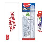 Maped - Kit Géométrie 4 pcs + 12 Crayons à Papier Navy - Règle 30 cm + Équerre Scolaire 60°/21 cm + Équerre Scolaire 45°/21 cm + Rapporteur 180° / 12 cm - Set de Traçage Rigide Transparent