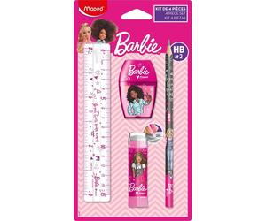 Maped - Kit Traçage BARBIE 4 pièces : 1 Règle 15cm. 1 Taille-crayons. 1 Gomme tube et 1 Crayon graphite HB