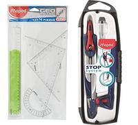 Maped Kit Traz Règle/Equerre/Rapporteur & Coffret Compas Maped Stop System 3 pièces - Système de Verrouillage Breveté - Avec Sécurité Protège Pointe et Mine - Compas Mine + Bague + Étui-Mines