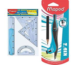 Maped Kit Traz Règle/Equerre/Rapporteur & Compas Scolaire Kid'Z Bague - Compas Enfant pour Débutants - A partir de 6 ans - Pointe Sécurité et Bague Adaptateur - Coloris Bleu, 191690