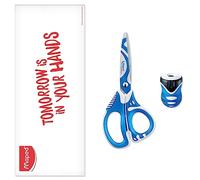 Maped - Lot de 1 Ciseaux Zenoa Fit avec Anneaux Souples et Lamelles Amorties Anti-Douleur 13 cm et 1 Taille-Crayons Clean Grip avec Réservoir 1 Trou - Bleu