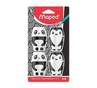 Maped - Lot de 4 Taille-Crayons Shakky Pingouin et Panda - Taille-Crayons avec Réserve et 1 Trou pour Crayons Standards - Facile à Utiliser