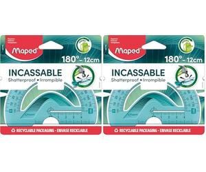 Maped Rapporteur Incassable Plastique Ergonomique et Résistant, repérage optimisé - Rapporteur 180°/ 12 cm - Coloris Aléatoire Vert ou Bleu (Lot de 2)