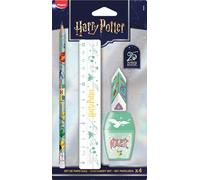 Maped - Set de Papeterie Harry Potter Anniversaire 25 Ans - 4 Pièces - 1 Règle 15 cm + 1 Taille-Crayons Réservoir + 1 Gomme + 1 Crayon Graphite HB - Édition Limitée