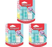 Maped Taille-Crayon Connect 2 Trous avec Gomme sans PVC + 1 Recharge Gomme Medium - Coloris Pastel Aléatoire Bleu, Violet ou Rose, 49230, Paquet de 3