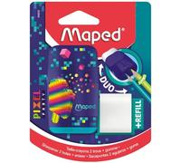 Maped - Taille-crayon en caoutchouc Duo Pixel Party - 2 en 1 - Taille-crayon 2 trous + gomme, sans PVC ni phtalates - avec élastique de remplissage