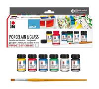 Marabu 1115000000087 - Porcelain & Glass Starter Set Glossy, Peinture pour Porcelaine et Verre à Base d'eau, résistante au Lave-Vaisselle sans Cuisson, 6 x 15 ML de Peinture et Pinceau
