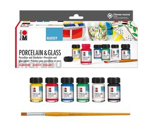 Marabu 1115000000087 - Porcelain & Glass Starter Set Glossy, Peinture pour Porcelaine et Verre à Base d'eau, résistante au Lave-Vaisselle sans Cuisson, 6 x 15 ML de Peinture et Pinceau