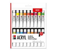 Marabu 1210000000202 - Lot de 18 peintures acryliques opaques mates brillantes à base d'eau pour châssis, carton de peinture, papier et bois, séchage rapide, 18 couleurs basiques