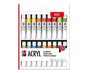 Marabu 1210000000202 - Lot de 18 peintures acryliques opaques mates brillantes à base d'eau pour châssis, carton de peinture, papier et bois, séchage rapide, 18 couleurs basiques