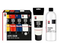 Marabu Kit de démarrage Acryl Color Pouring, 225 ml blanc et 5 x 100 ml de peinture acrylique, avec 750 ml de médium acrylique Pouring Fluid pour les applications de coulée