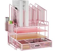 Marbrasse Organisateur de Bureau Tiroir,4 Niveaux,5 Porte Documents Verticaux,2 Porte Stylos,Organisateur Rangement Bureau Maille pour Fournitures à Dom (Rose Vertical)